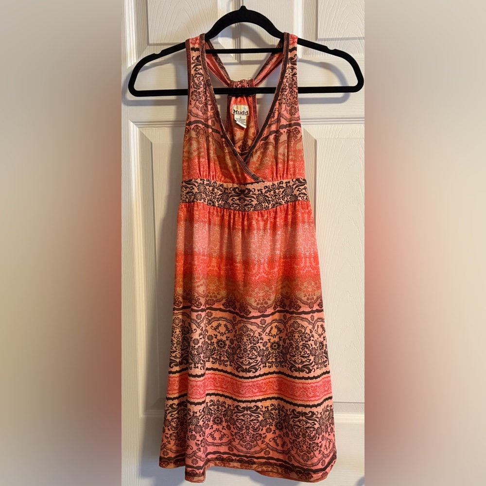 MUDD Vintage V-Neck Tank dress in Corals hues, red, pink and deep brown